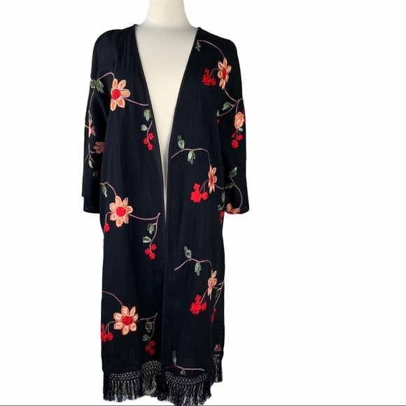 Umgee Black Gorgeous Embroidered Floral Fringed Cardigan Fringe is 2022 Trend - Picture 1 of 16